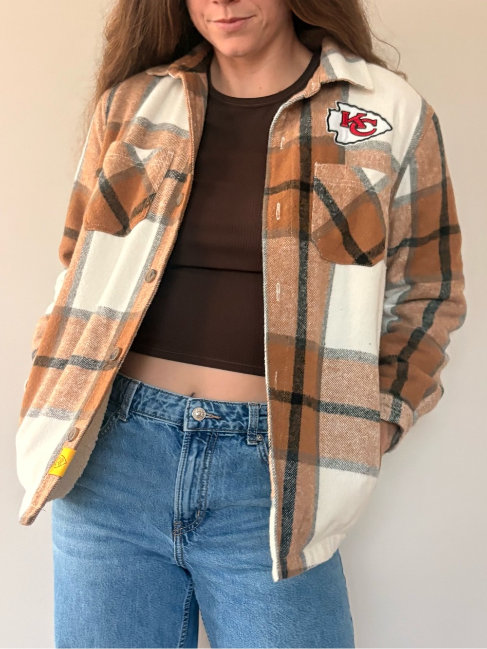 NFL Women's Brown & White Plaid Utility Jacket with KC Patch